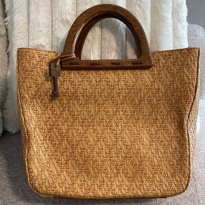 Vintage Fossil basket weave wooden handle handbag.
